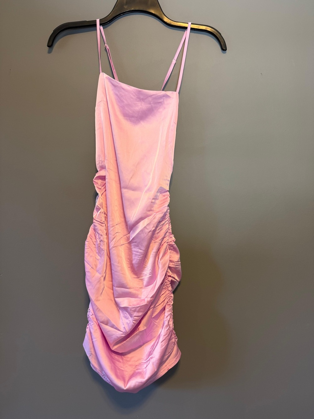 FOREVER 21 S Pink Satin Ruched Strappy Slip Bodycon Midi Dress Square Neck Zip